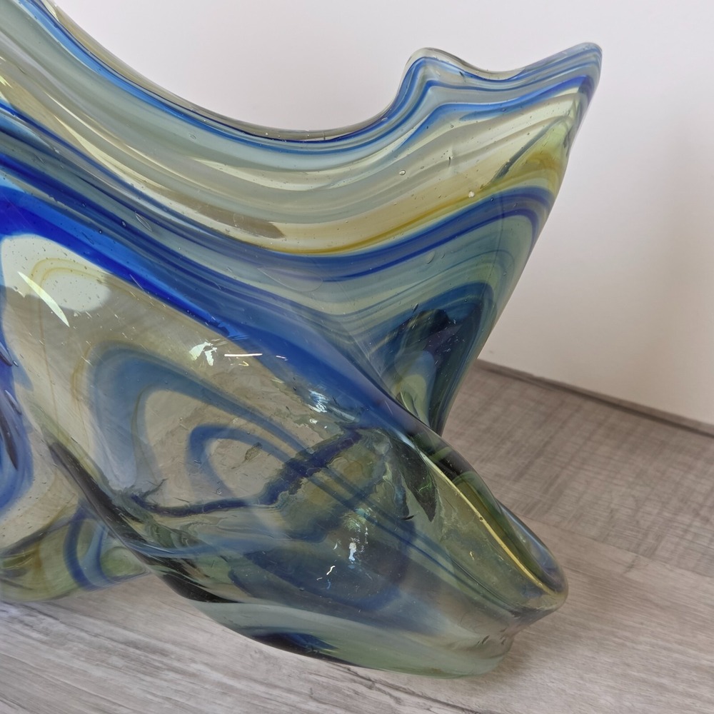 Vintage Hand Blown Blue Swirl Sooner Art Glass Swan Bowl 14" Long Large - Picture 7 of 12